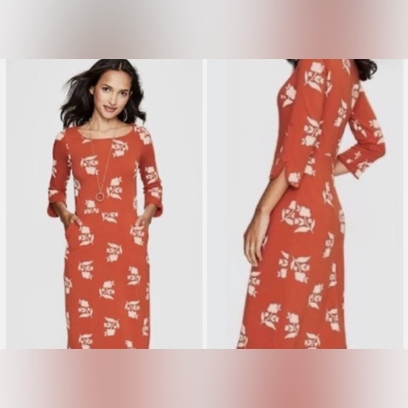Boden Jessie Jersey Knit Dress Floral Print Coral Red Meadow Motif Size 14 - Picture 2 of 11